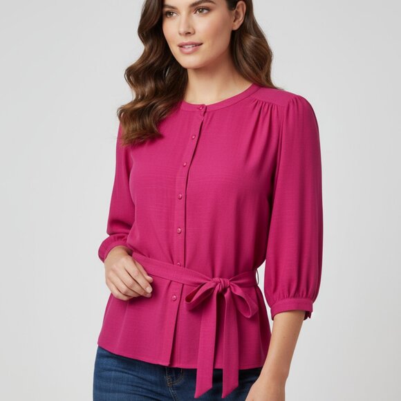 Liz Claiborne Womens Fuchsia Button-Up Tunic Blouse With Waist Tie XL Lightweigh - Picture 1 of 7